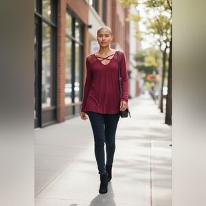 Jessica Simpson junior women's mesh trim with bell sleeve XL NWT BURGUNDY